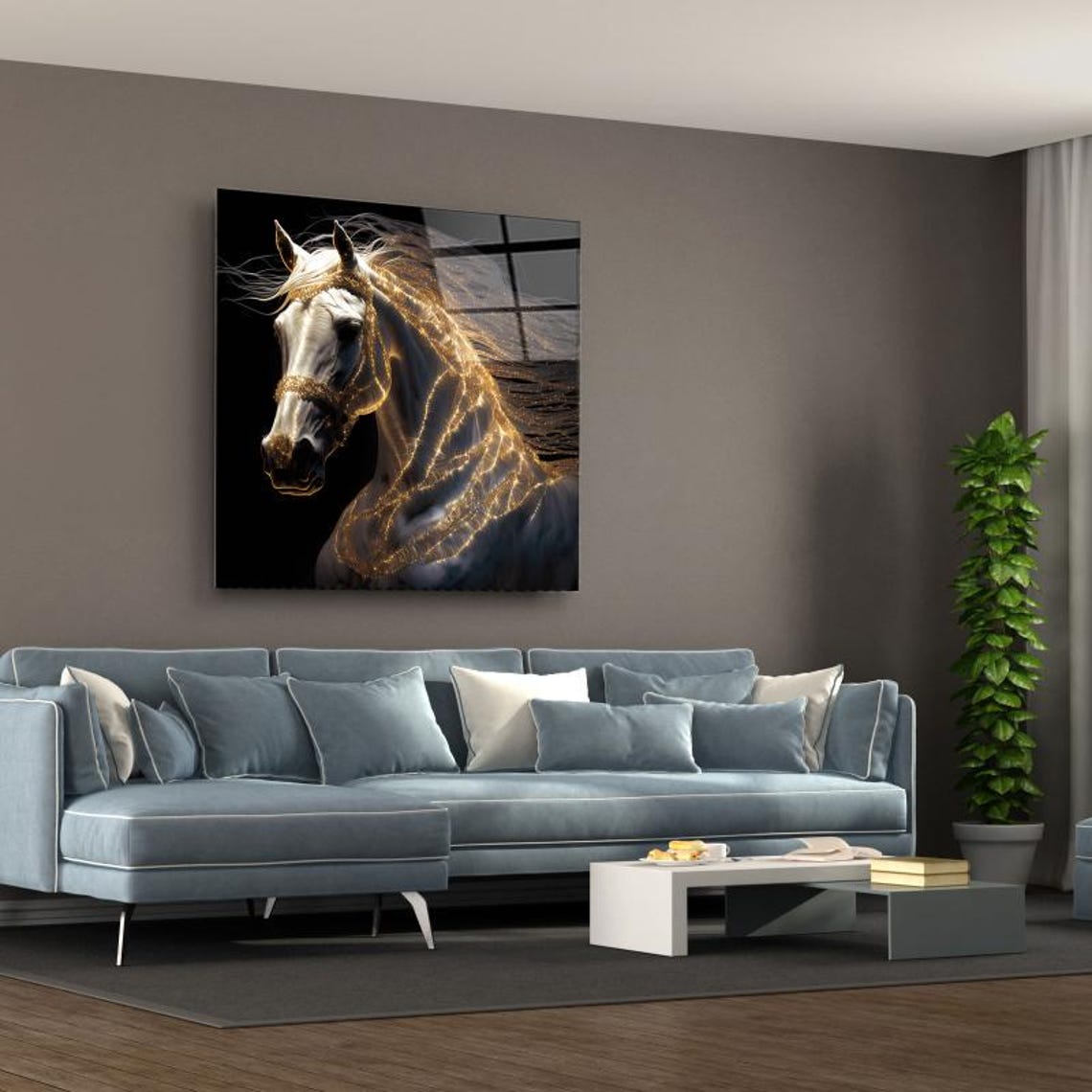 White Horse Head with Glowing Golden Light Trail Mane Wall Art - Image 3