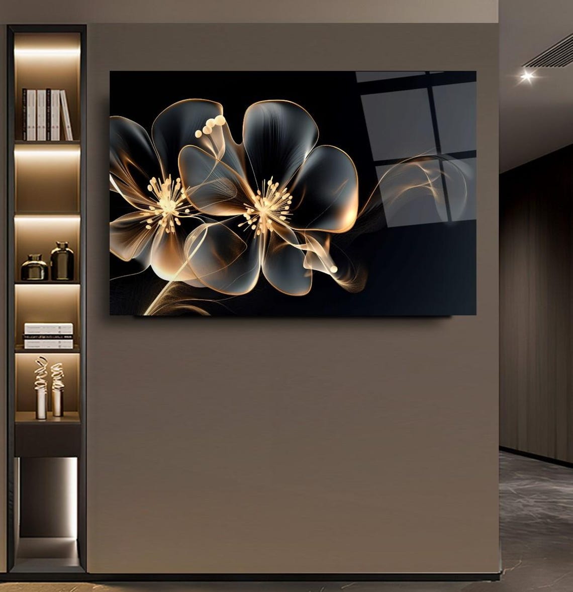 Golden Bloom Floral Wall Art Tempered Glass Print Modern Flower Wall Decor Luxury Glass Wall Art For Home And Office - Image 3