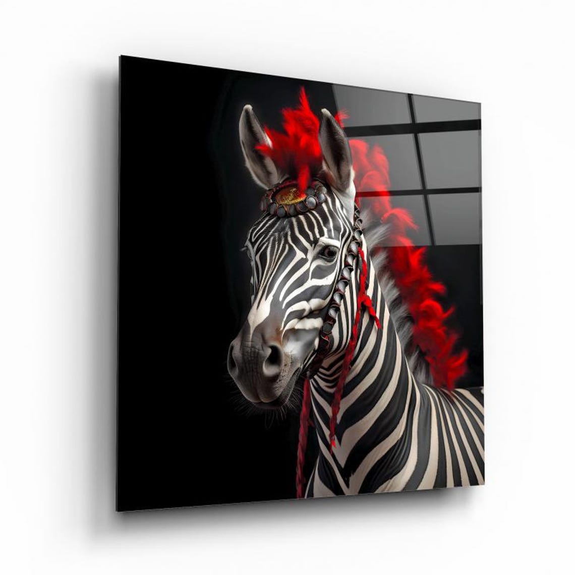 Zebra Portrait With Red Feather Plume On Black Background Poster - Image 3