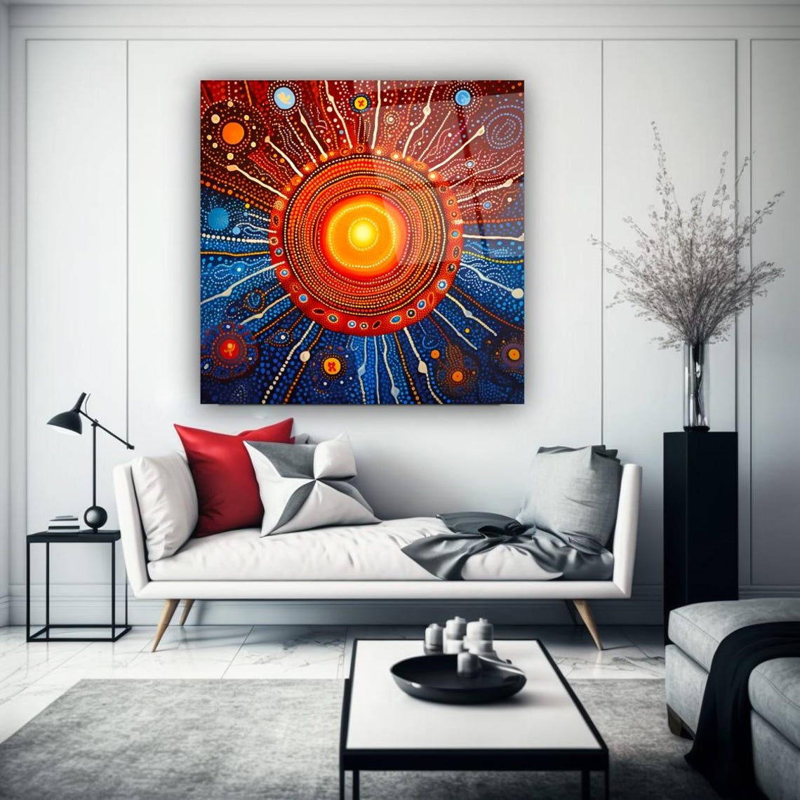 Radiant Sunburst Dot Art Painting in Bold Red and Blue Wall Art