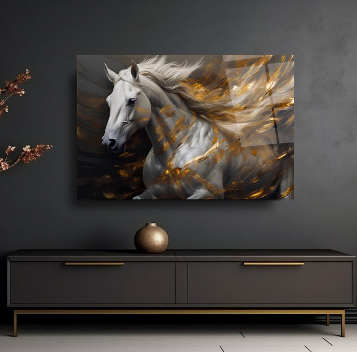 White Stallion Gold Mane Dark Background Horse Portrait Poster - Image 3