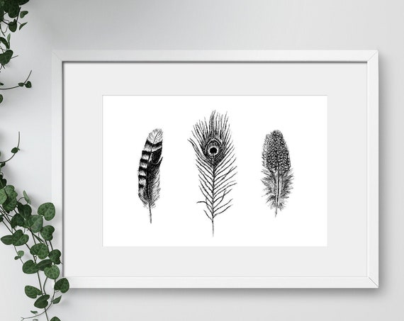 Poster Art Wall Art Nature Tribal Prints Nordic Art Bohemian Art Black White Sketch Nature Wall Art Feathers Print
