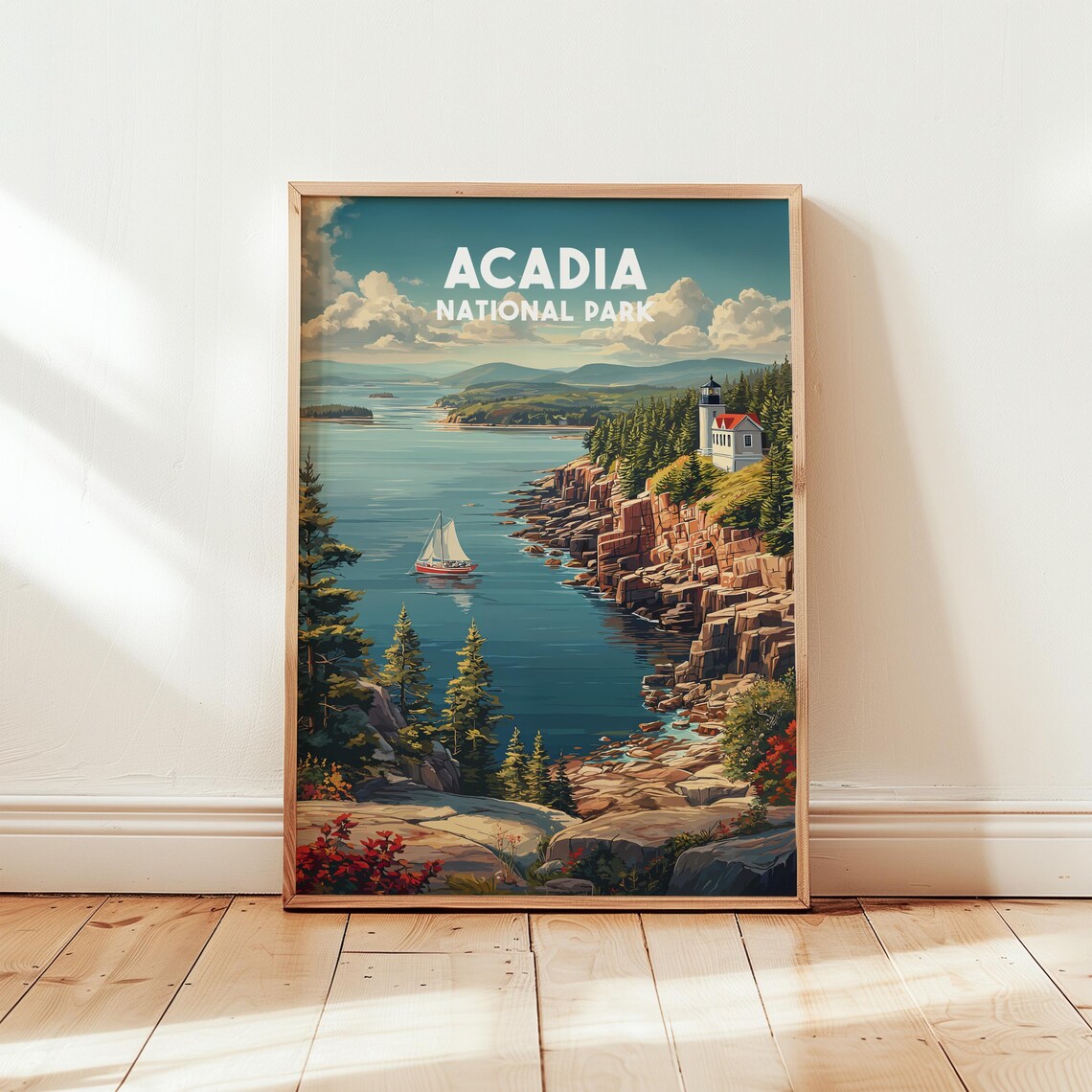 Acadia National Park Retro Vintage Travel Lighthouse Coast Art Print