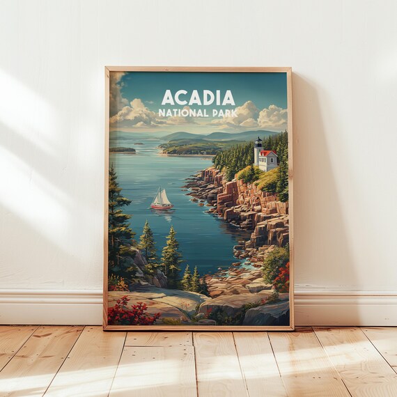 Acadia National Park Retro Vintage Travel Lighthouse Coast Art Print