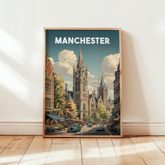 Vintage Manchester Travel Poster Print Retro Wall Art Of United Kingdom Cityscape British Home Decor Gift For Travellers