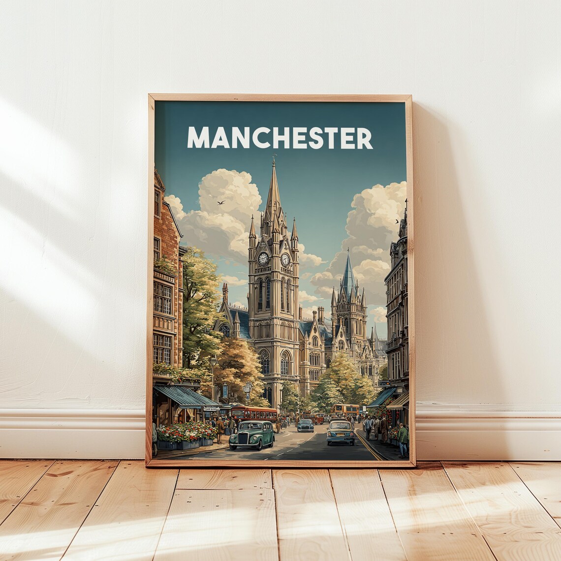 Vintage Manchester England Retro City Travel Poster Clock Tower