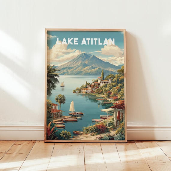 Lake Atitlan Guatemala Vintage Travel Poster Volcano Lake Art