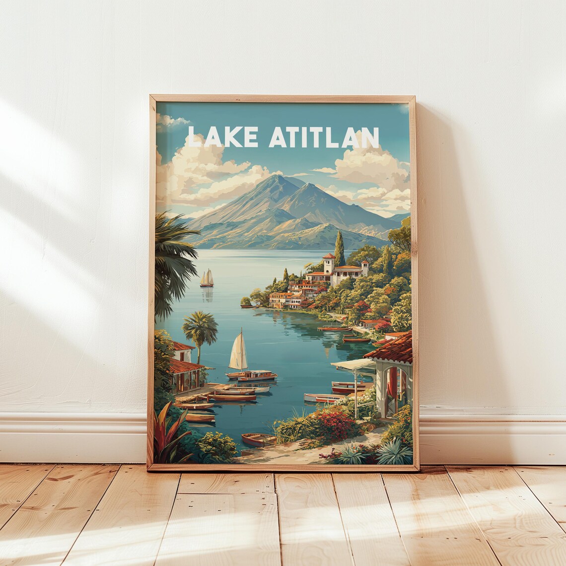 Lake Atitlan Guatemala Vintage Travel Poster Volcano Lake Art
