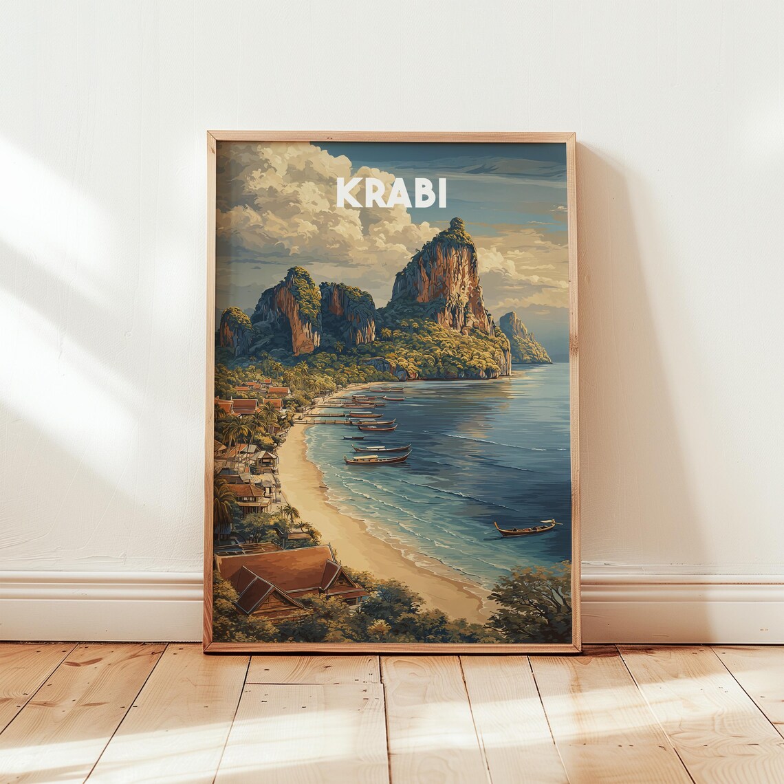 Krabi Thailand Limestone Cliffs Beach Vintage Travel Art Poster