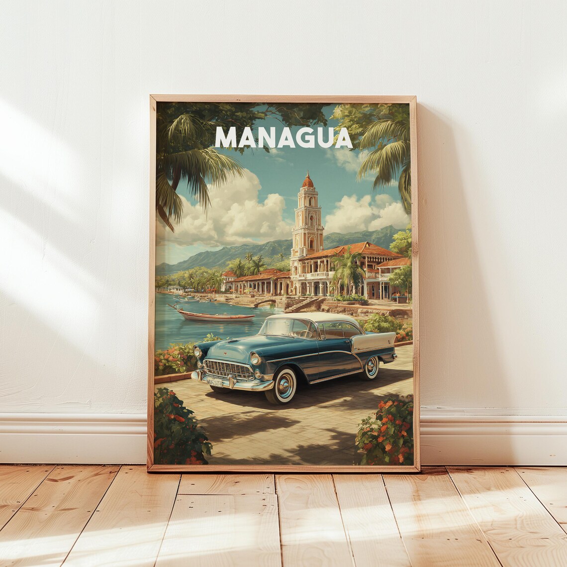 Managua Nicaragua Vintage Classic Car Colonial City Travel Poster