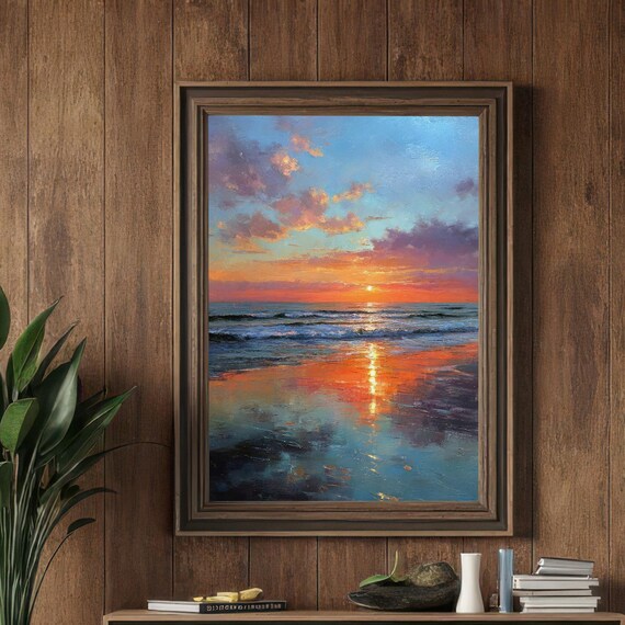 Radiant Beach Sunset Ocean Waves Textured Seascape Oil Painting Poster