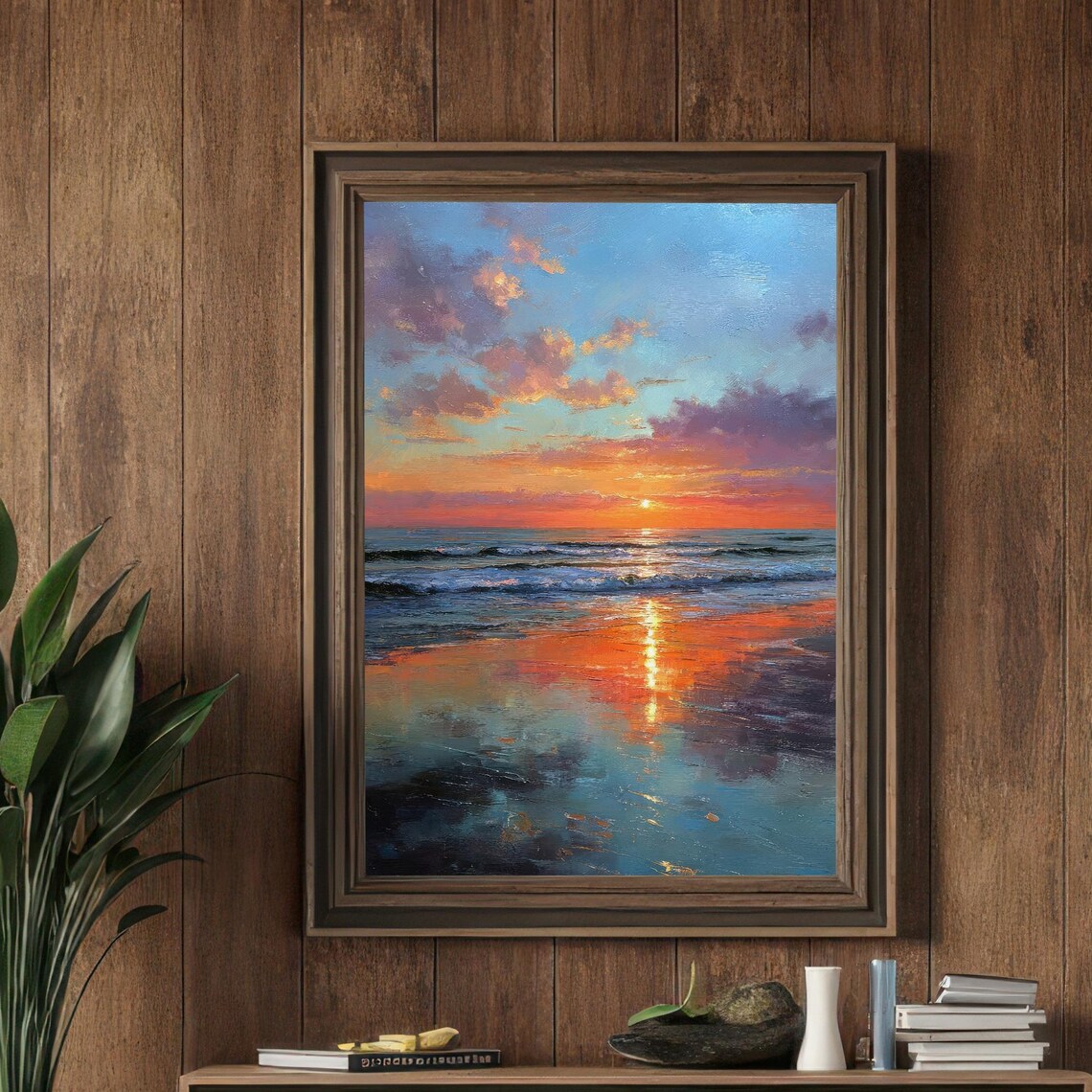 Radiant Beach Sunset Ocean Waves Textured Seascape Oil Painting Poster