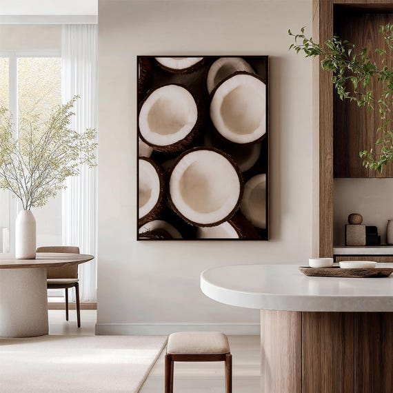 Coconut Wall Art Neutral Kitchen Decor Tropical Minimalist Artwork Modern Apartment Natural Home Poster