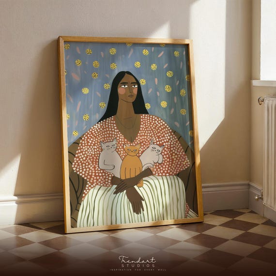 Folk Art Woman Holding Three Cats Dotted Dress Portrait Poster