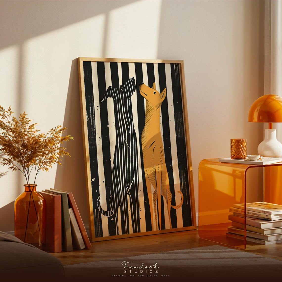 Greyhound Dog Modern Line Art Black Gold Striped Mustard Wall Poster
