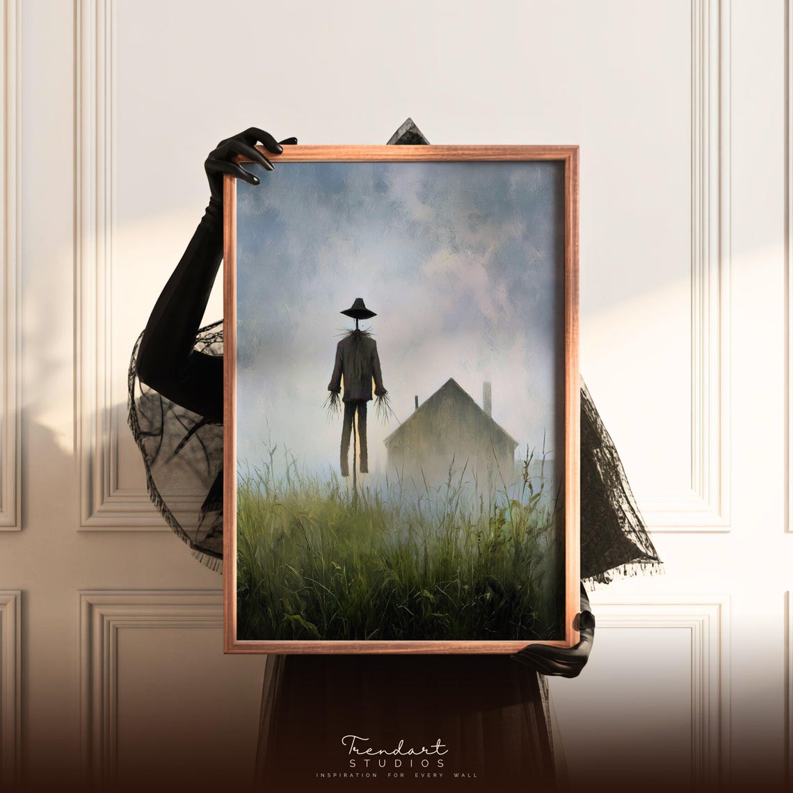 Lone Scarecrow in Misty Field Before Fading Farmhouse Poster