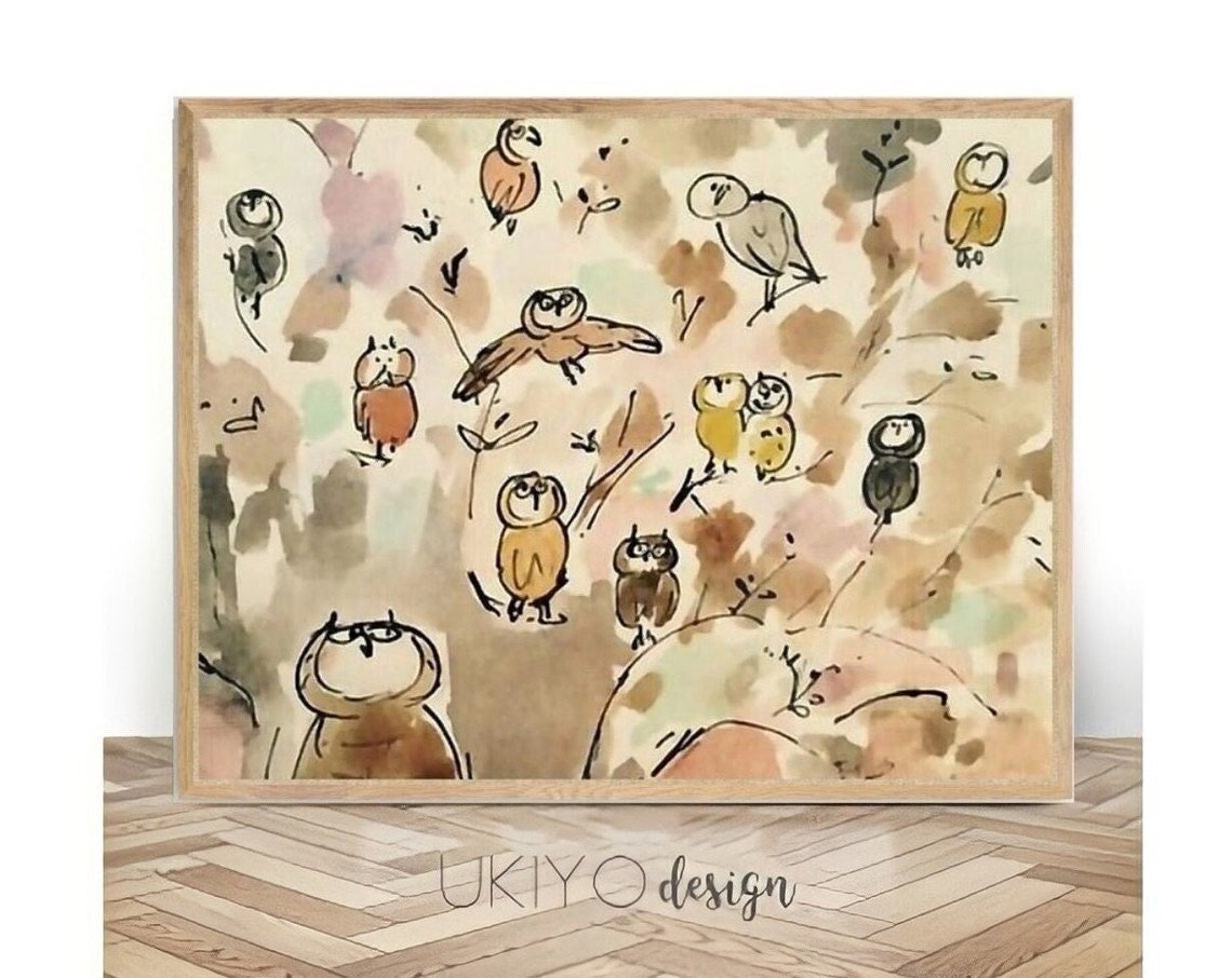 Whimsical Owl Gathering Colorful Loose Ink Wash Funny Art Poster