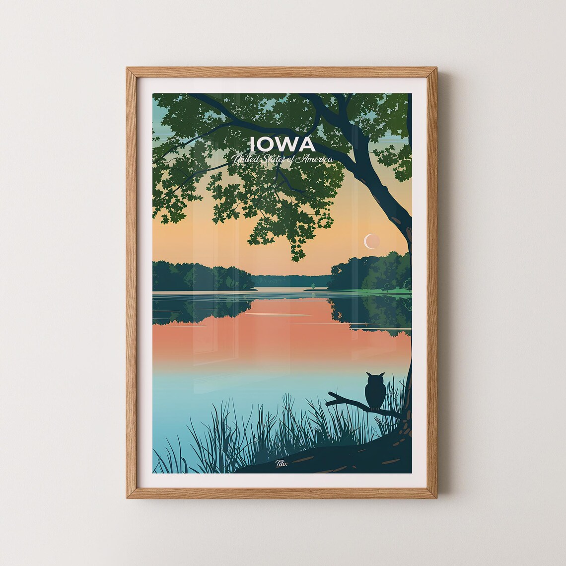 Iowa Serene Lake Sunset Owl Moon Reflection Vintage Travel Poster