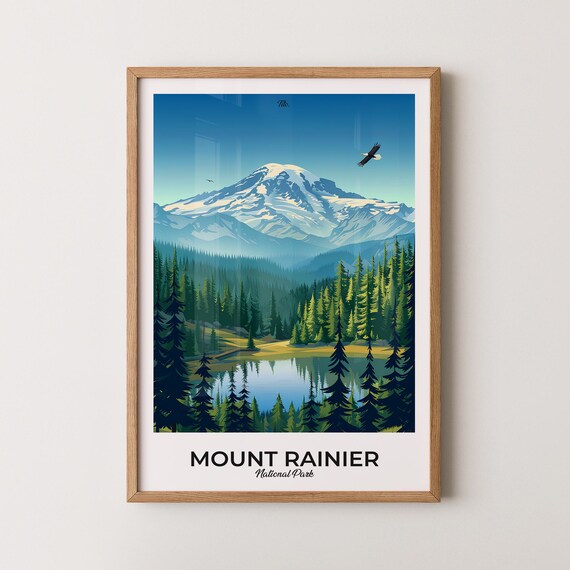 Mount Rainier National Park Majestic Peak Pine Forest Mirror Lake Poster