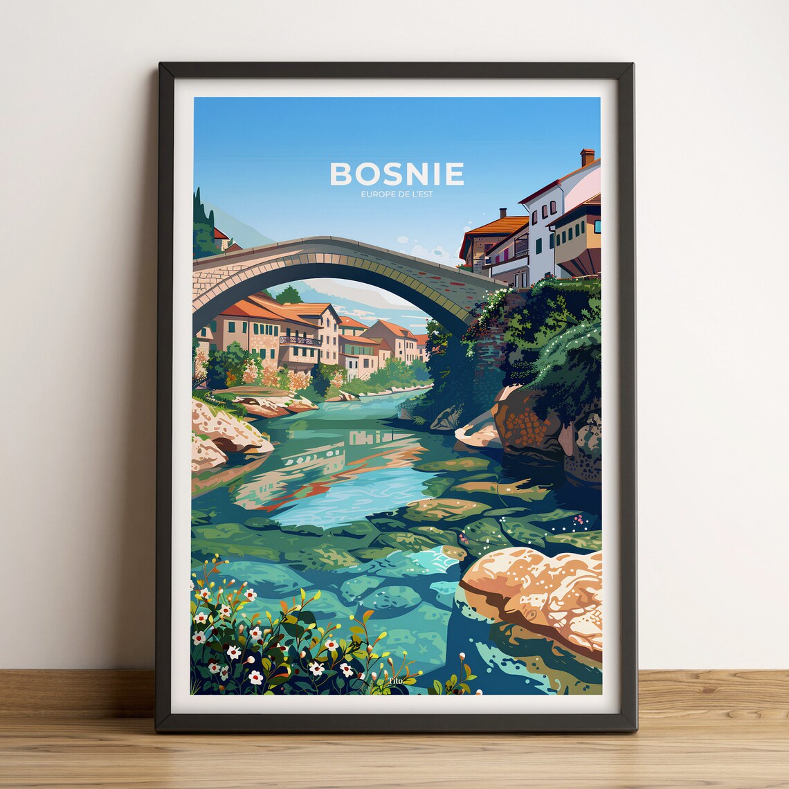 Bosnia Old Stone Bridge Turquoise River Vintage Travel Poster