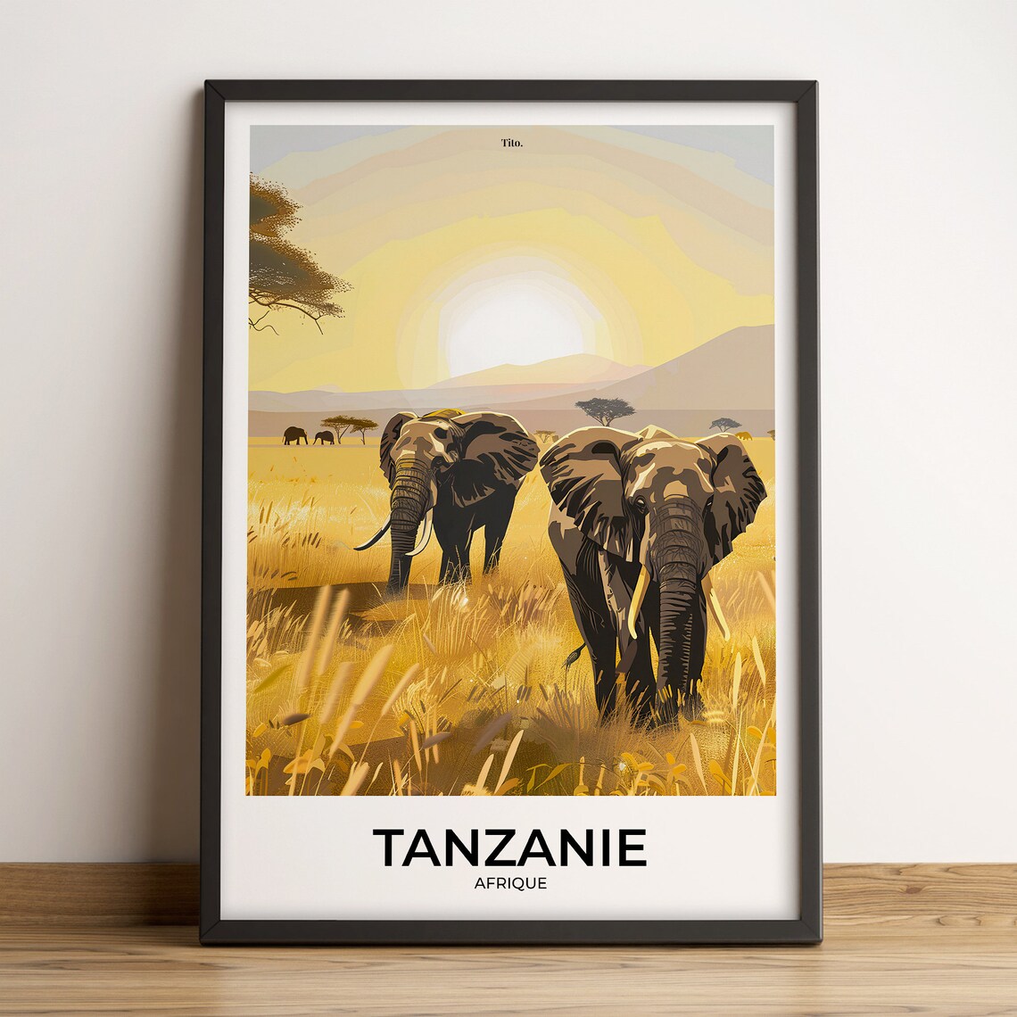 Tanzania Africa Elephants Savanna Sunrise Vintage Travel Poster