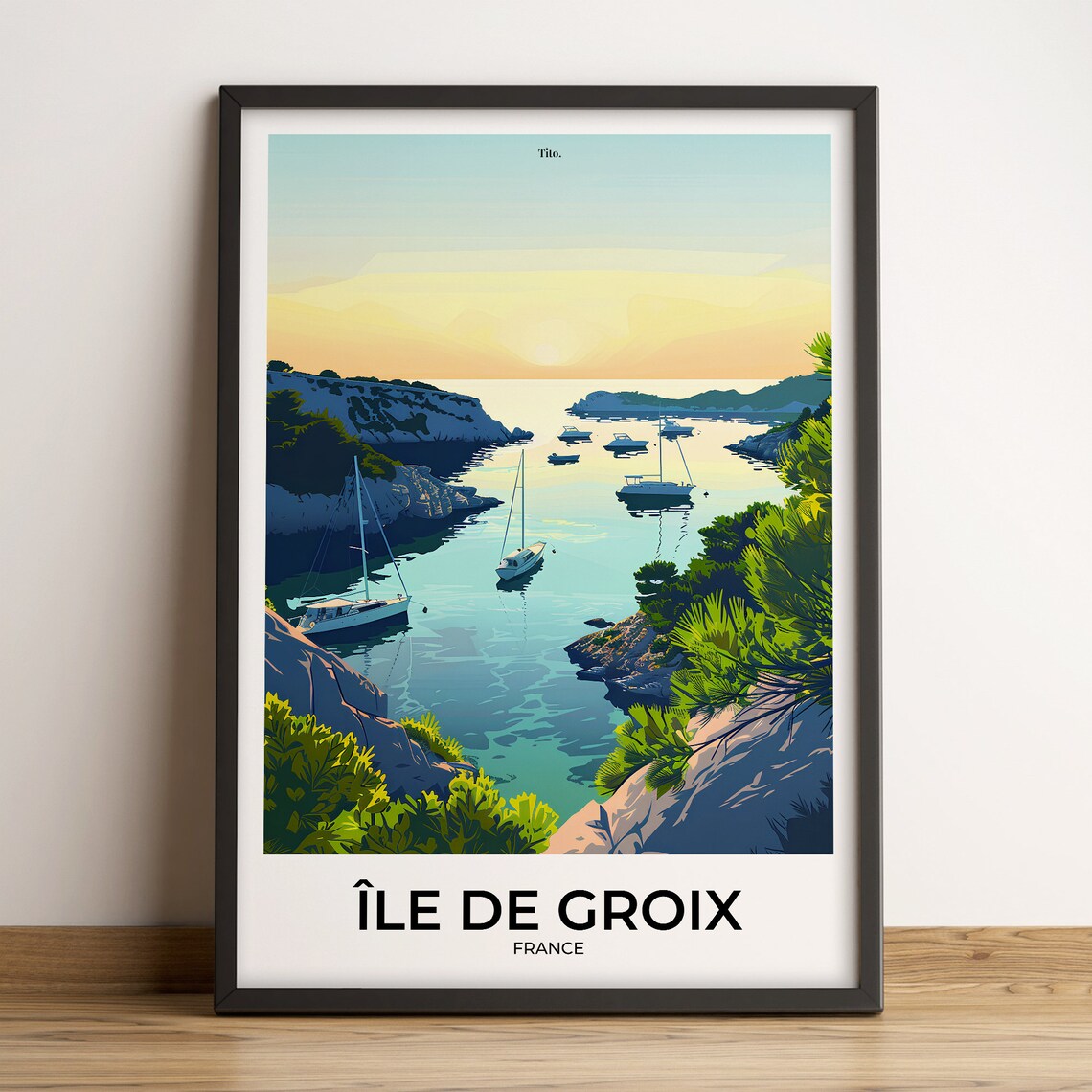 Ile de Groix France Rocky Cove Sailboats Sunset Vintage Travel Poster