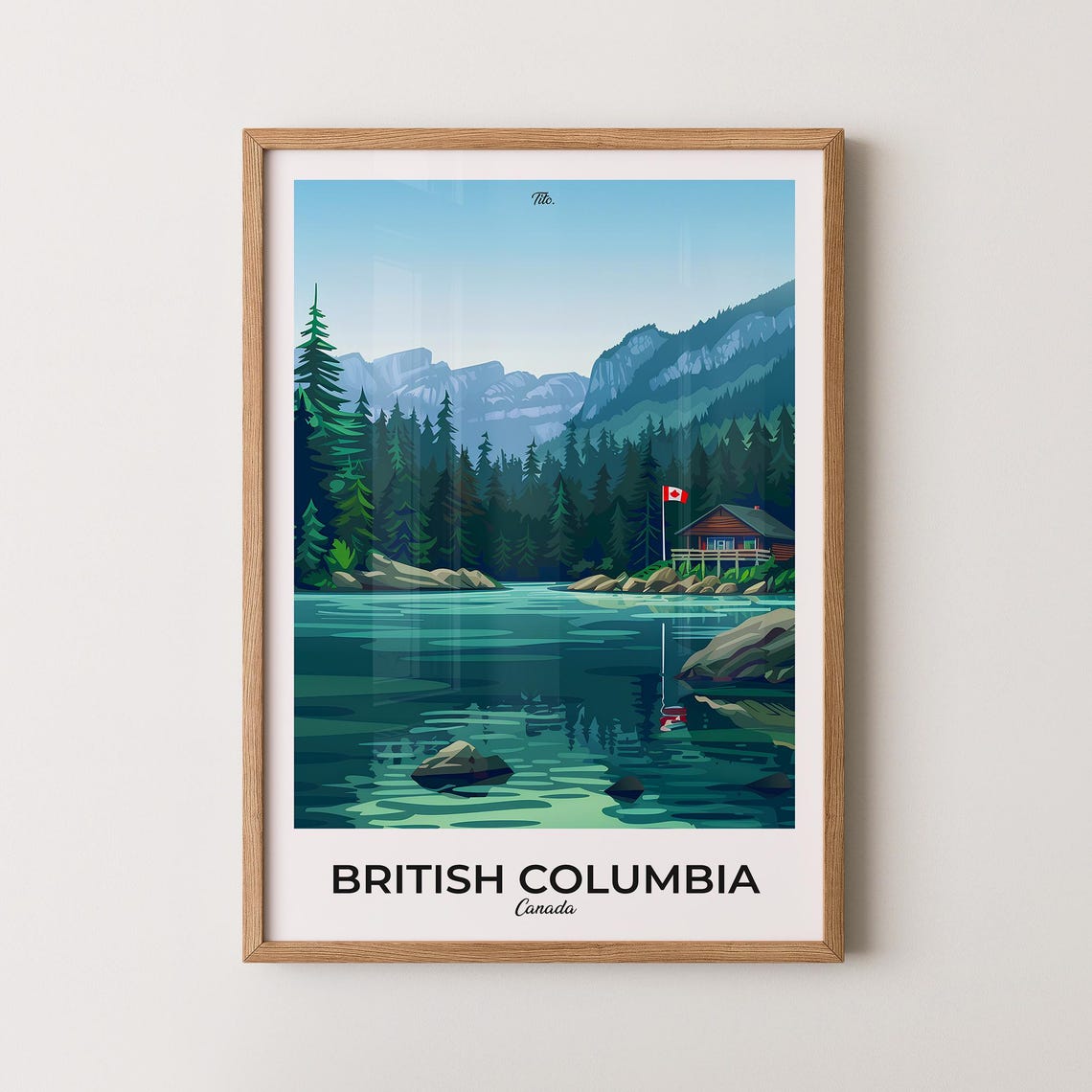 British Columbia Canada Lakeside Cabin Evergreen Forest Travel Poster