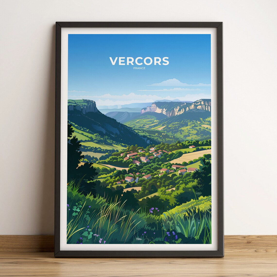 Vercors France Mountain Valley Cliffs Village Illustrated Art Poster
