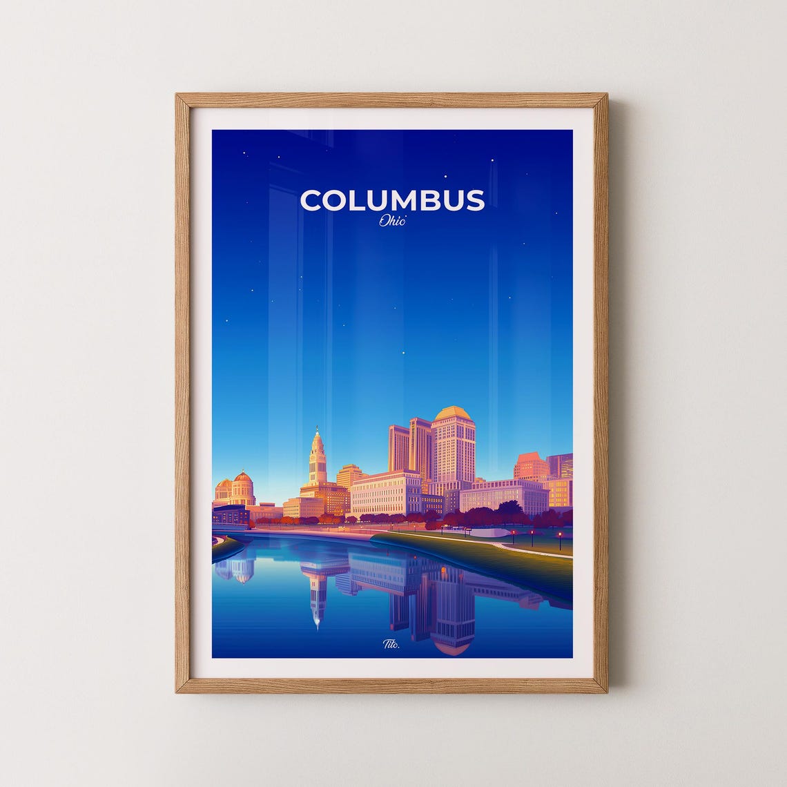 Columbus Ohio Downtown Night Skyline River Reflection Travel Poster