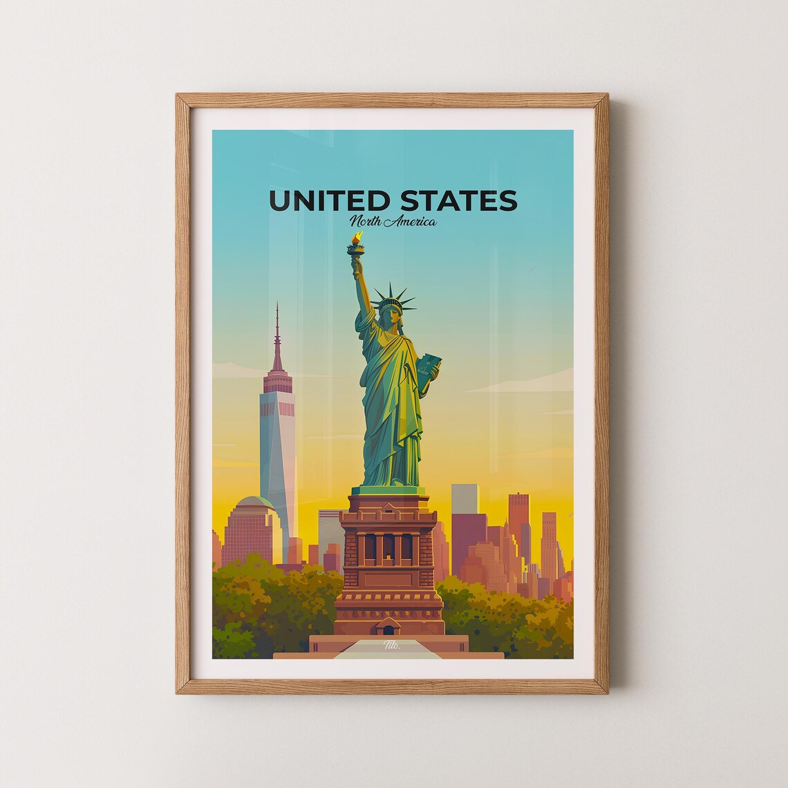 United States Statue of Liberty New York Skyline Travel Poster