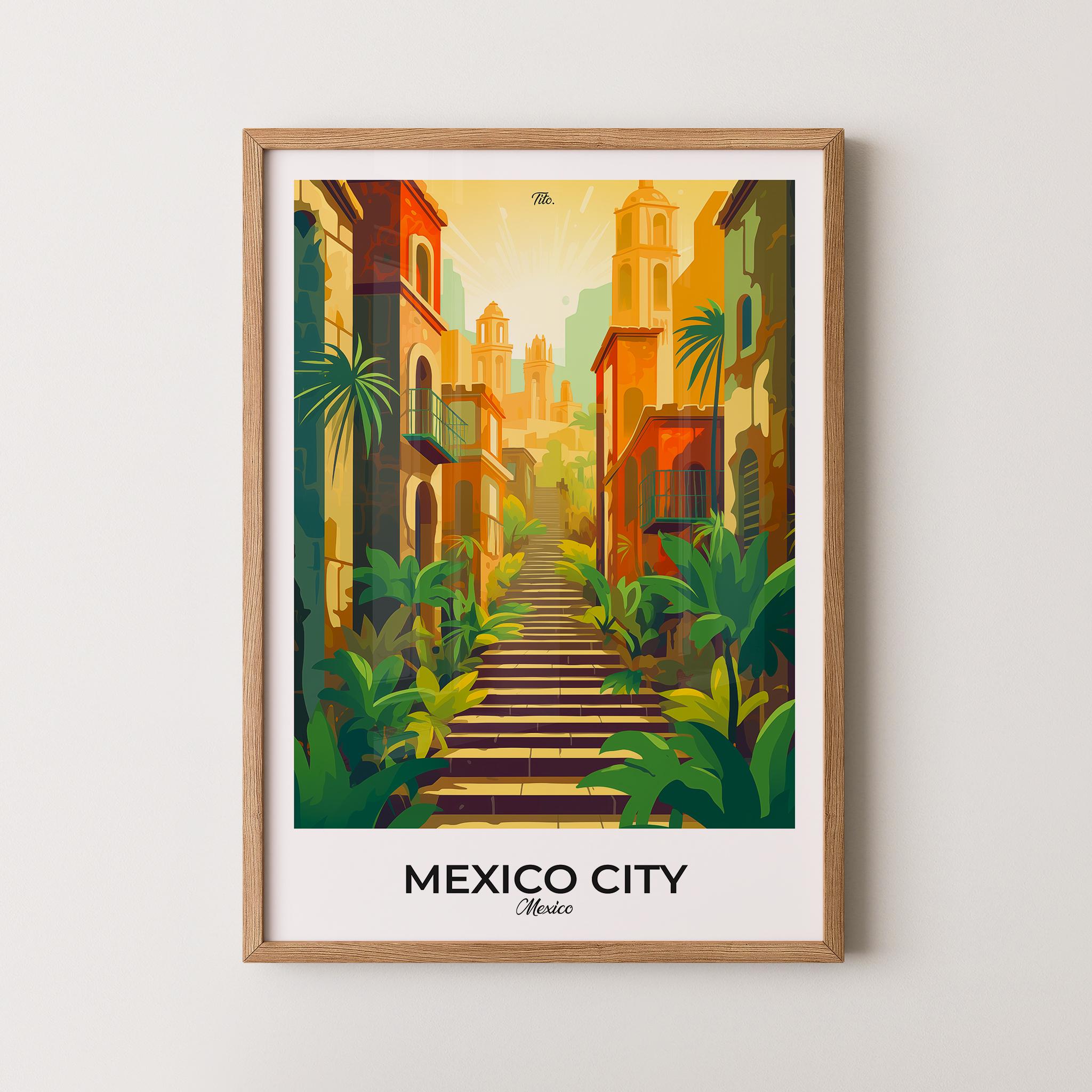 Mexico City Historic Colonial Staircase Street Scene Travel Poster