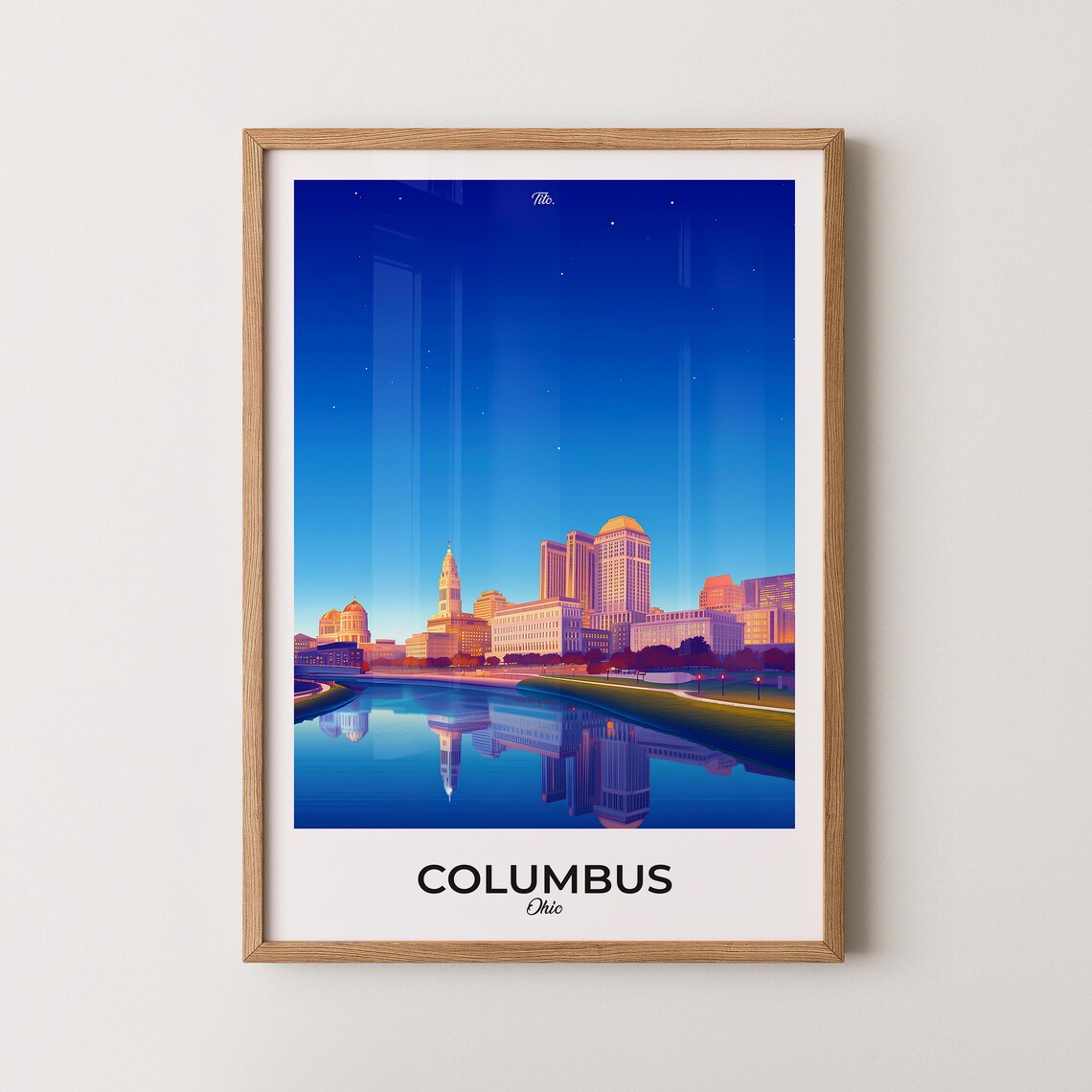 Columbus Ohio Skyline Reflections Night River City Travel Poster