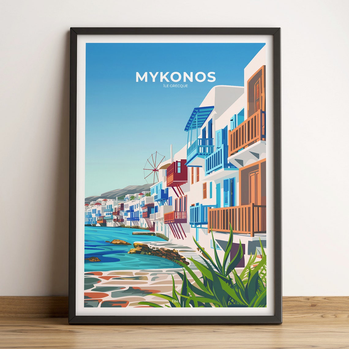 Mykonos Greece Colorful Waterfront Windmill Aegean Island Poster