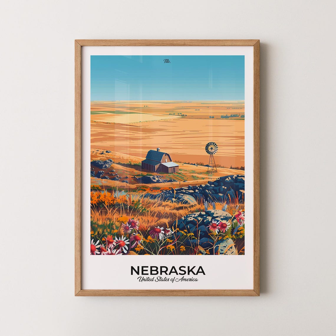 Nebraska Prairie Barn Windmill Wildflowers Sunset Travel Poster