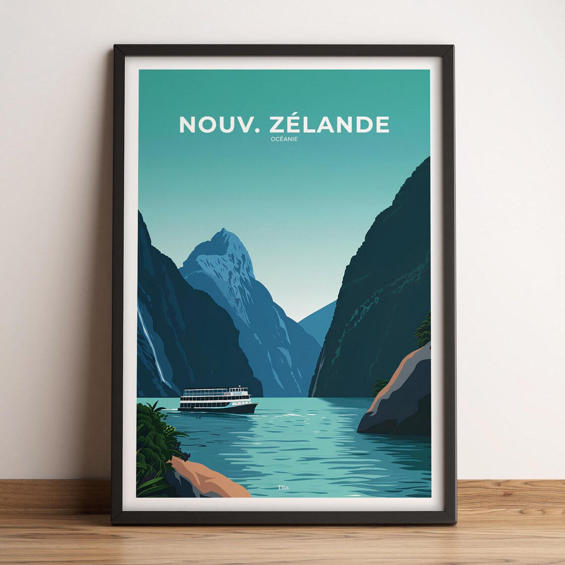 New Zealand Milford Sound Fjord Cruise Ship Nature Travel Poster