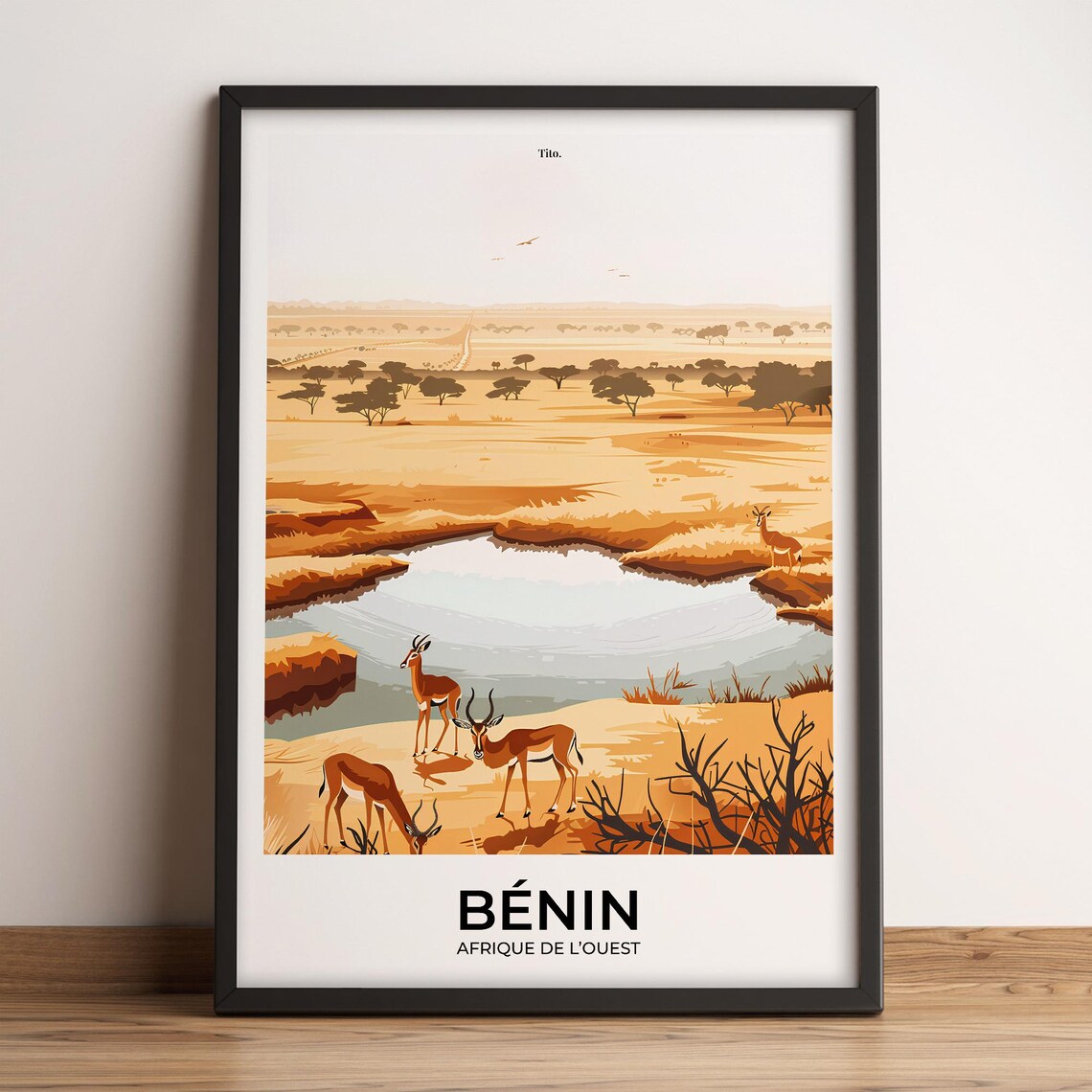Benin West Africa Savanna Waterhole Antelope Wildlife Travel Poster