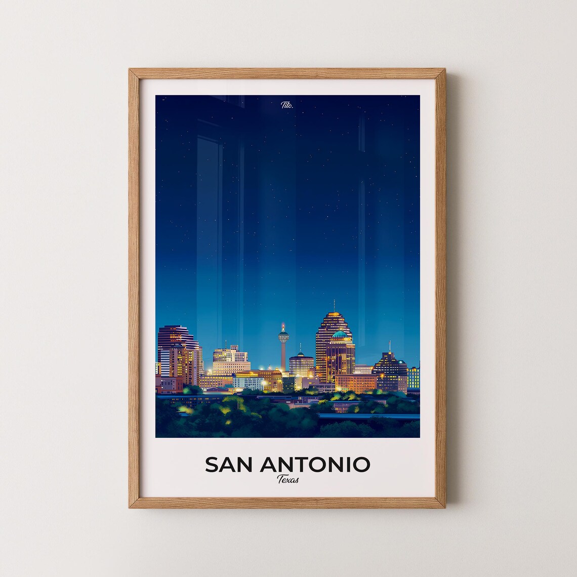 San Antonio Texas Starry Night Downtown City Lights Travel Poster