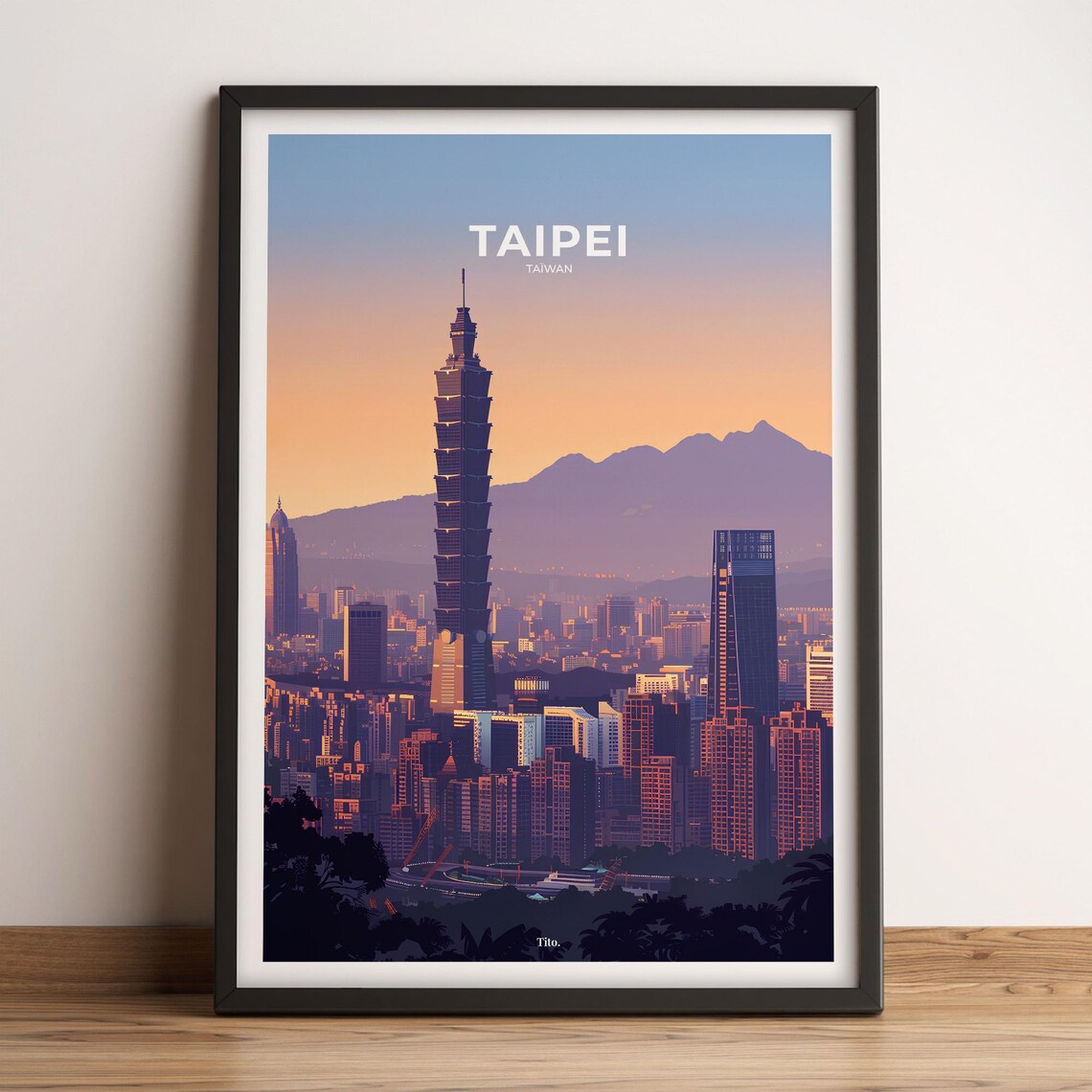 Taipei Taiwan City Skyline Taipei 101 Tower Evening Glow Travel Poster