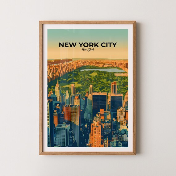 New York City Skyline Central Park Aerial Sunset Travel Poster