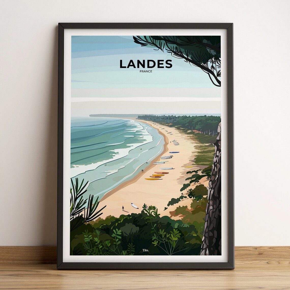 Landes France Aerial Surf Beach Pine Forest Retro Travel Poster