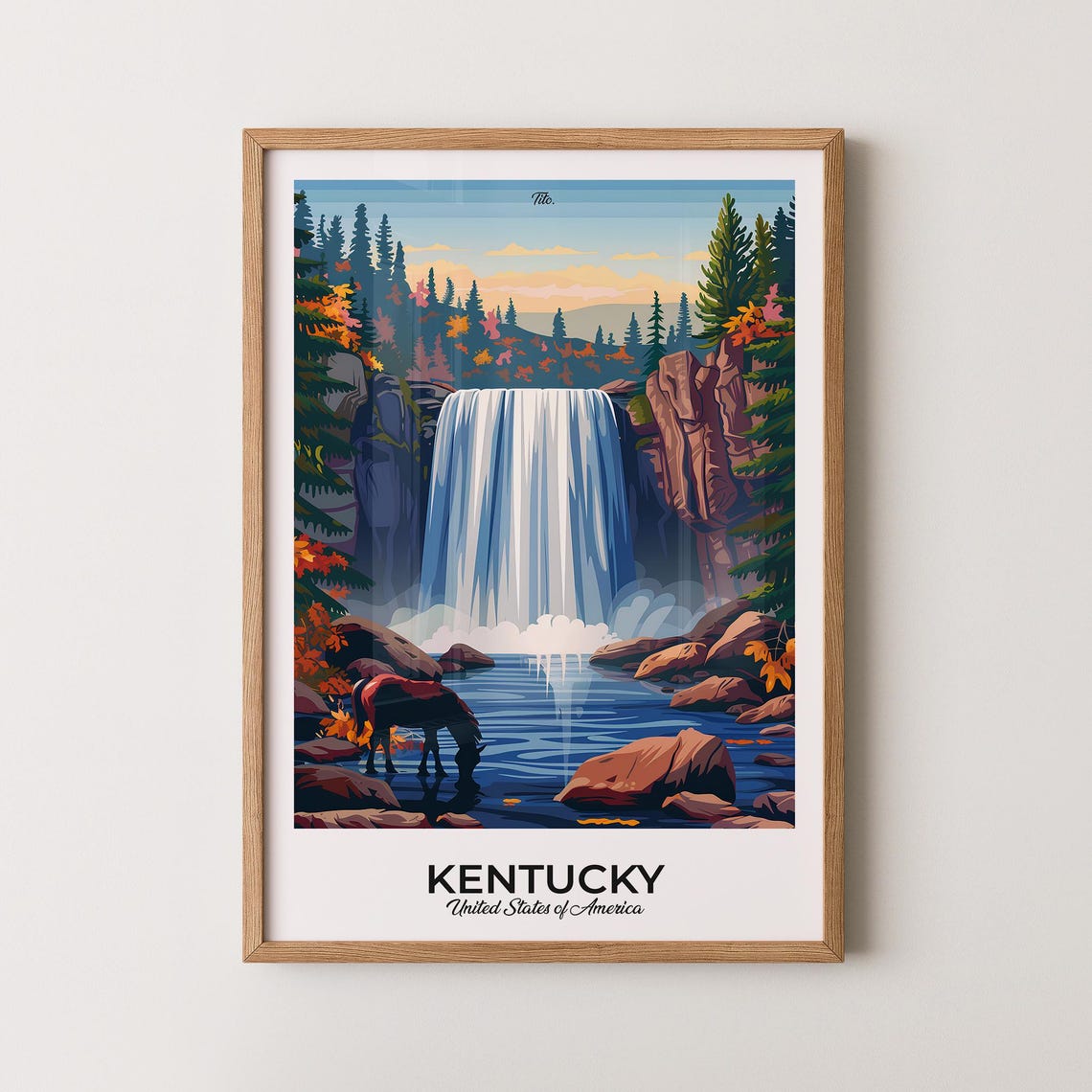 Kentucky Falls Stream Chestnut Horse Fall Foliage Travel Poster