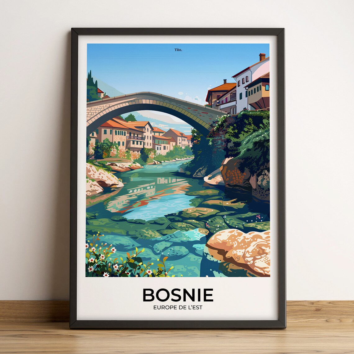 Bosnia Stone Arch Bridge Old Town River Village Retro Travel Poster