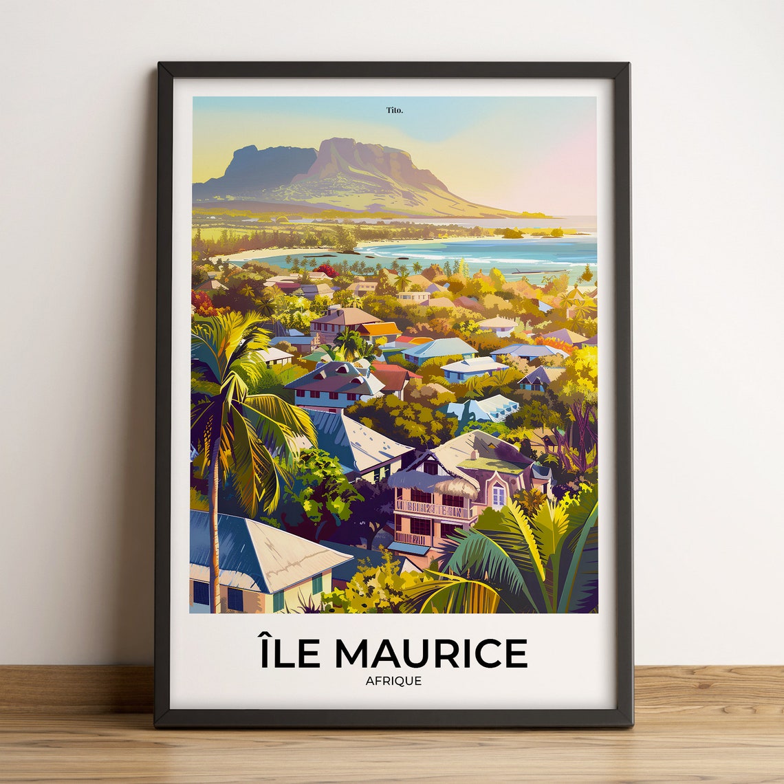 Mauritius Island Tropical Village Le Morne Retro Illustration Poster