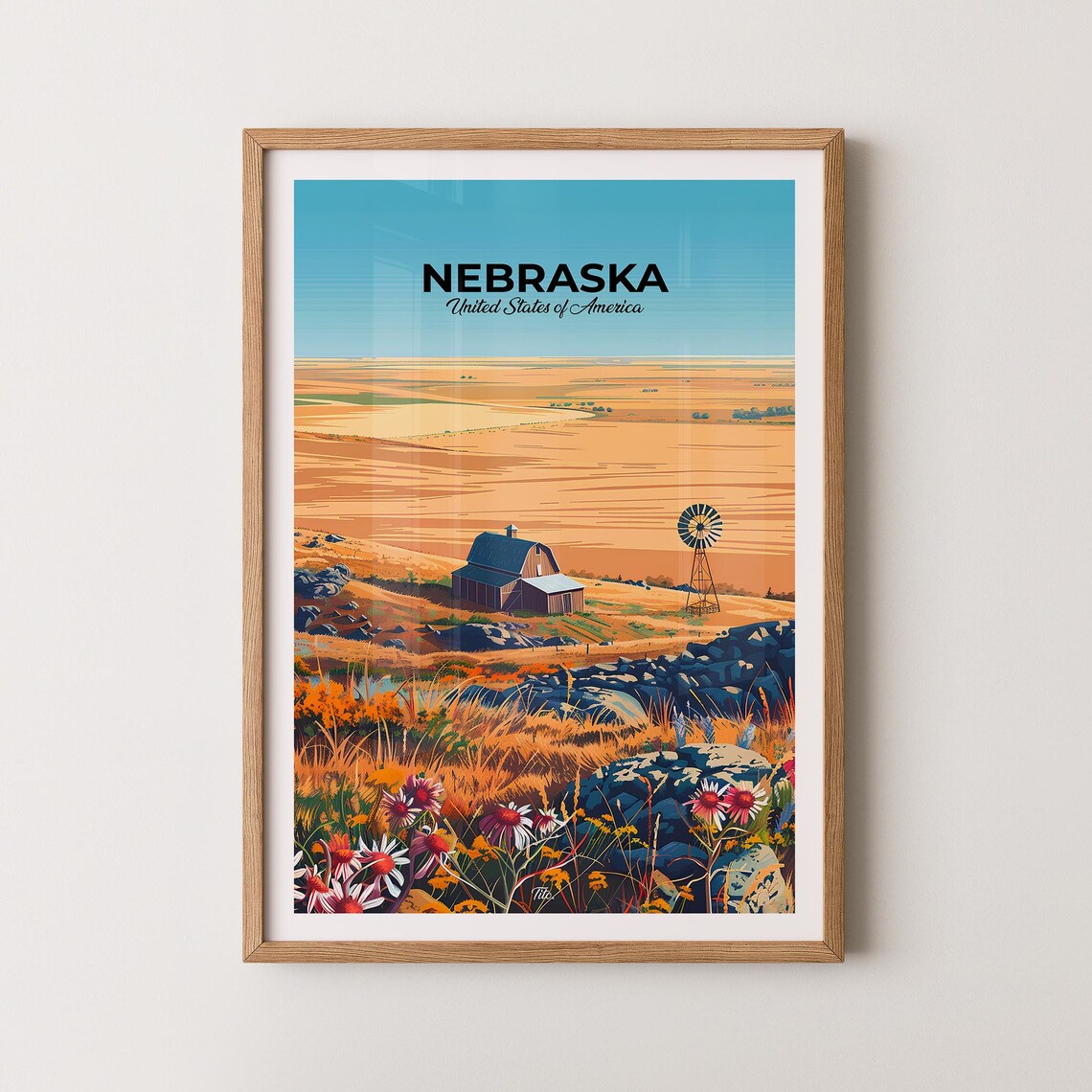 Nebraska USA Barn Windmill Golden Prairie Farmhouse Travel Poster