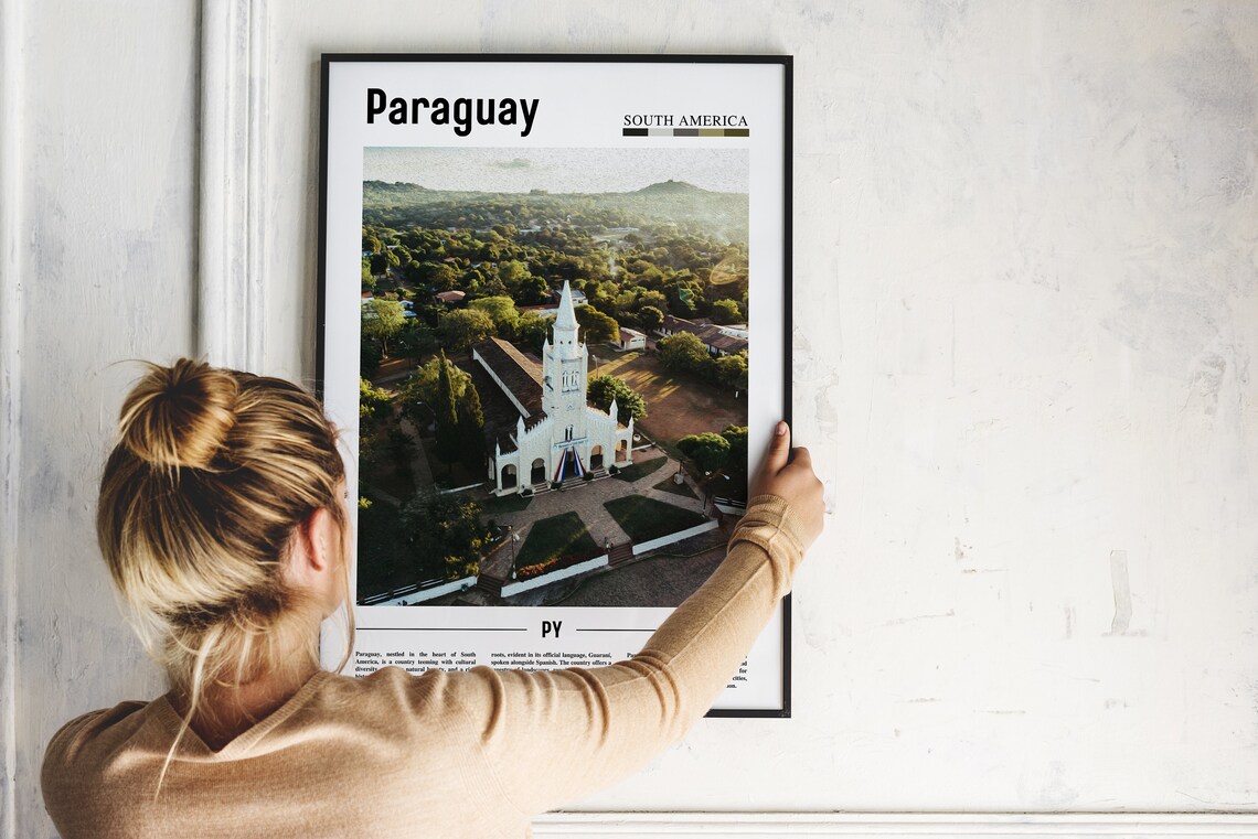 Paraguay White Colonial Church Aerial Green Landscape Travel Poster - Image 2
