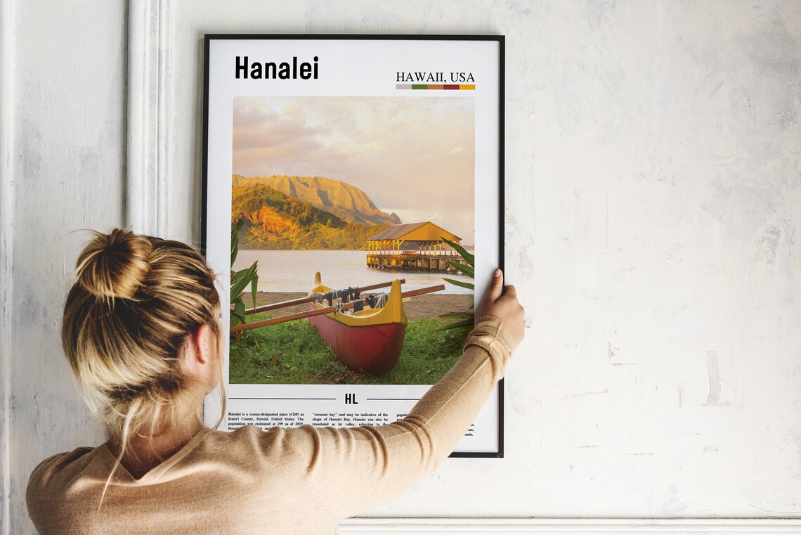 Hanalei Hawaii Canoe Beach Pier Golden Sunset Ocean Travel Poster - Image 2