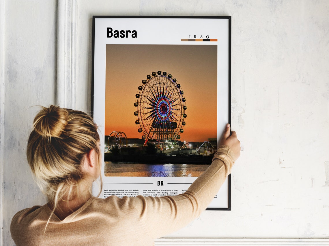 Basra Iraq Sunset Ferris Wheel River Night Lights Travel Poster - Image 2