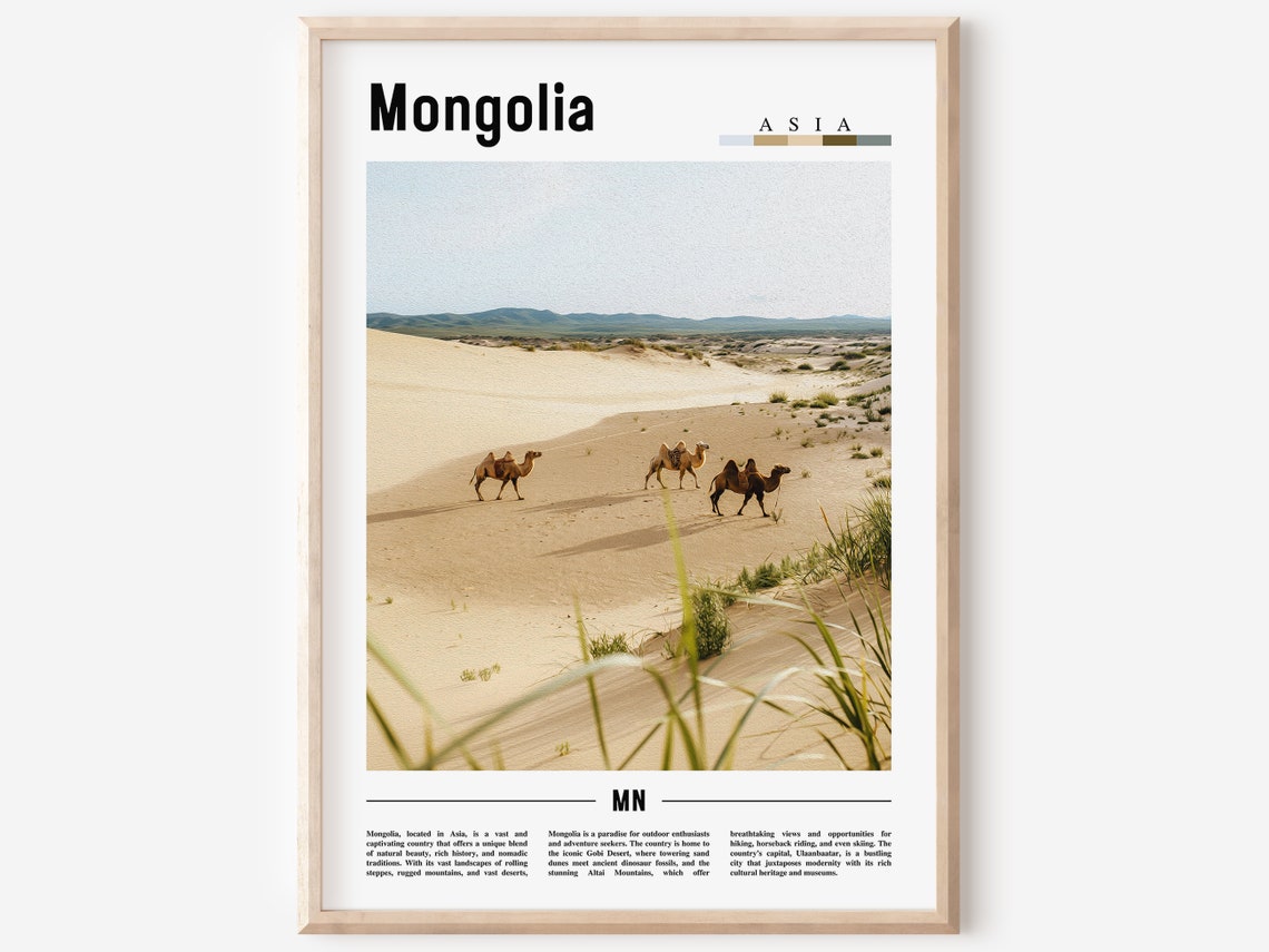 Mongolia Desert Dunes Camel Caravan Gobi Landscape Travel Poster