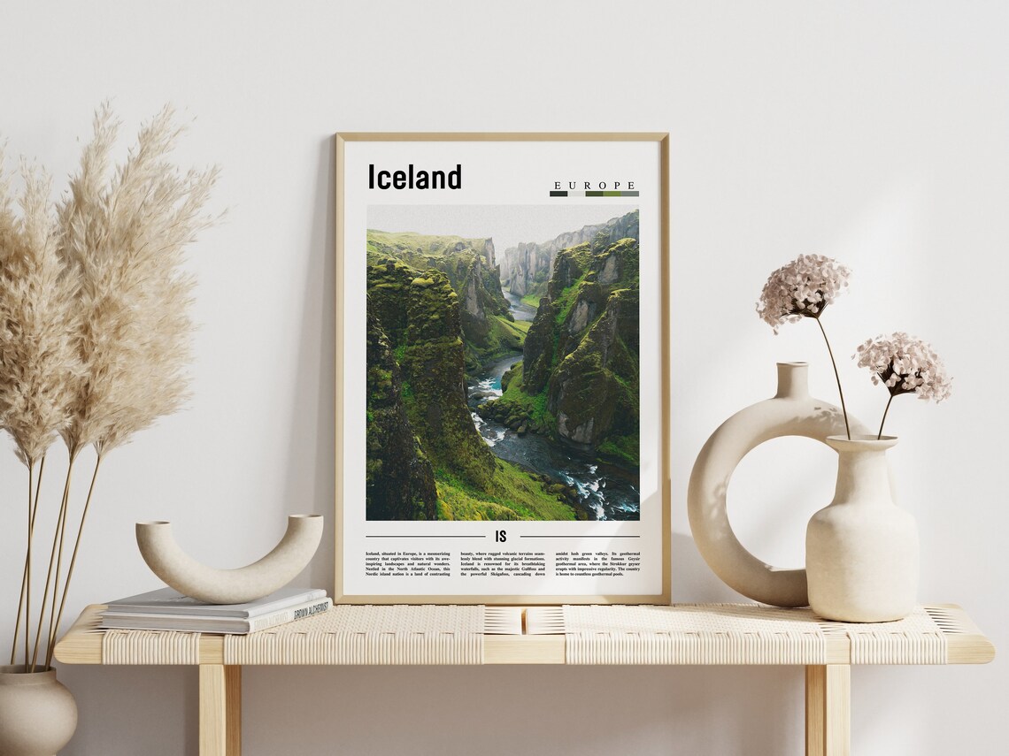 Iceland Europe Green Moss Canyon River Minimalist Travel Poster - Image 3