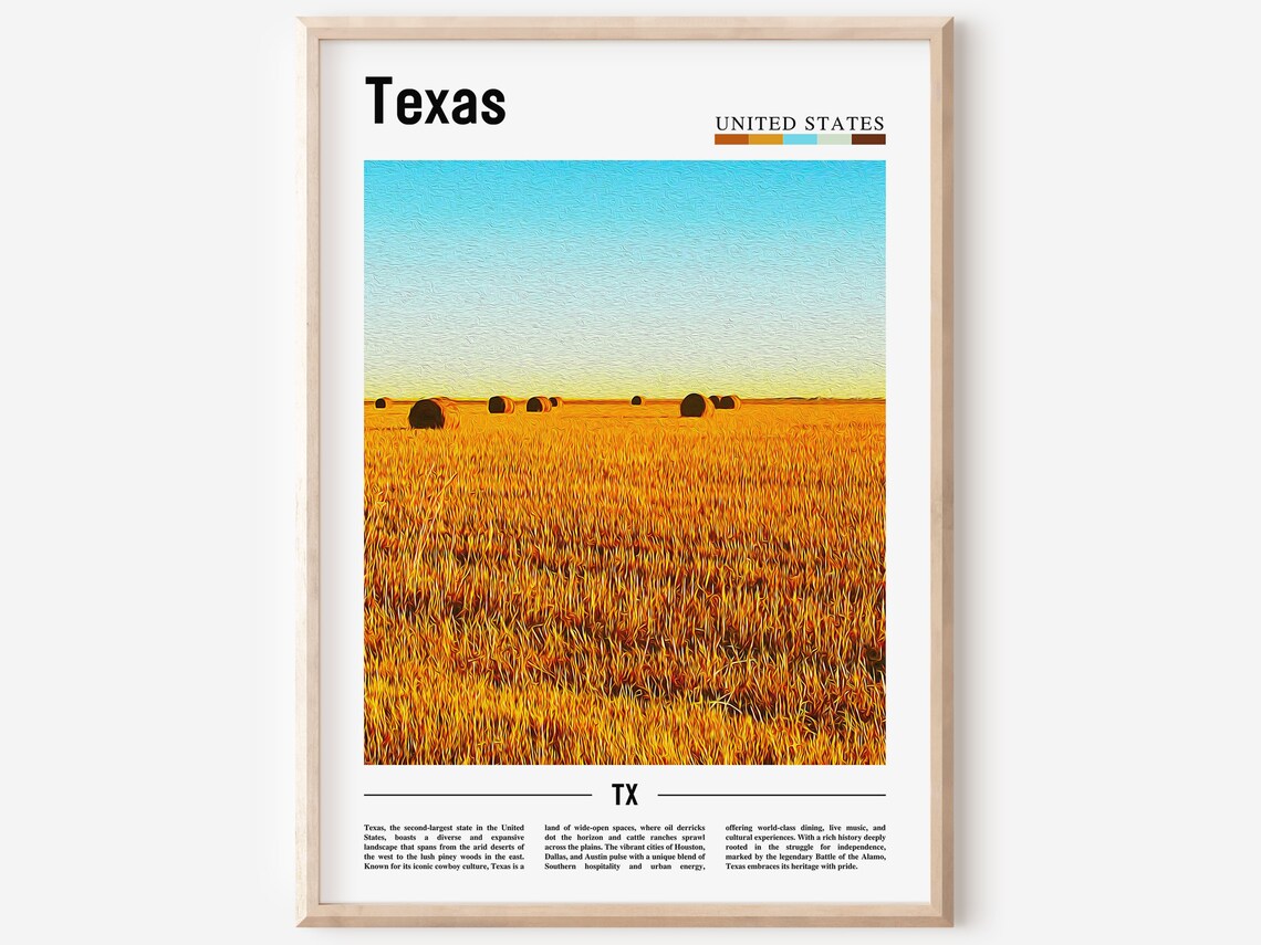 Texas Golden Wheat Field Hay Bales Sunset Oil Paint Art Poster